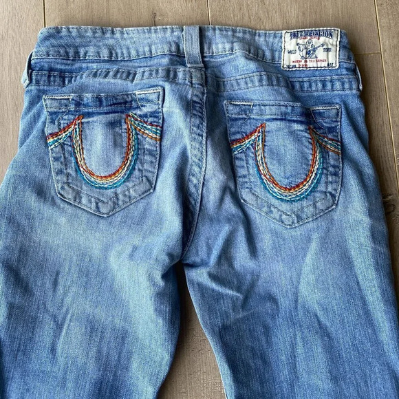True Religion Denim - True Religion Straight Leg Jeans Womens 29 Light Wash Rainbow Pockets